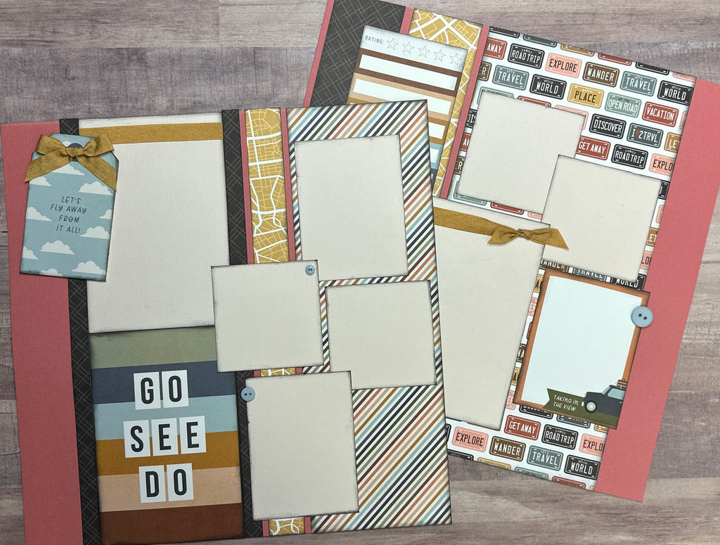 Go See Do - Let's Fly AwayTravel themed 2 page DIY scrapbooking layout Kit, Echo Park Let's Take The Trip