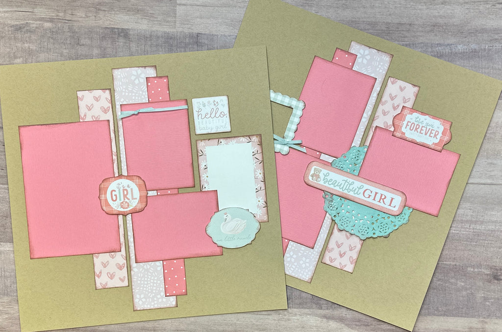 Hello Beautiful Baby Girl, Baby Themed 2 page Scrapbooking Layout Kit, baby craft kit, baby diy craft, baby girl