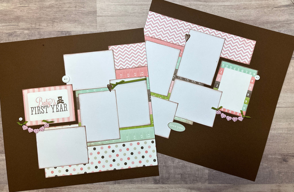 Baby's First Year, Baby Girl Themed 2 page Scrapbooking Layout Kit, Baby Girl DIY Scrapbook Kit