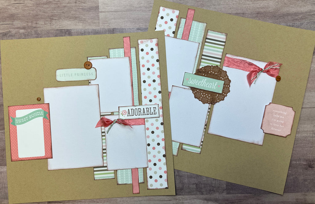 Adorable Sweetheart, Baby Girl Themed 2 page Scrapbooking Layout Kit, Baby Girl DIY Scrapbook Kit