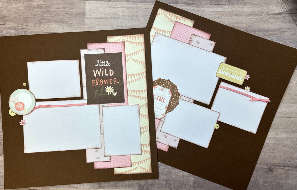 Little Wild Flower,  Baby Girl Themed 2 page Scrapbooking Layout Kit, Baby Girl DIY Scrapbook Kit