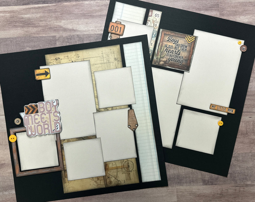 Boy Meets World, Masculine Themed 2 Page Scrapbooking layout Kit,DIY Craft Kit 49 And Market Rust And Revs