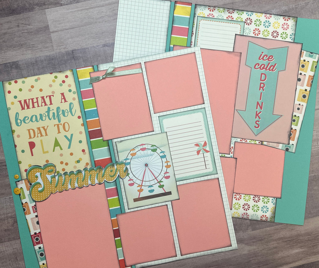 PRE-ASSEMBLED VERSION What A Beautiful Day To Play, Summer Themed Pre assembled 2 page scrapbook layout