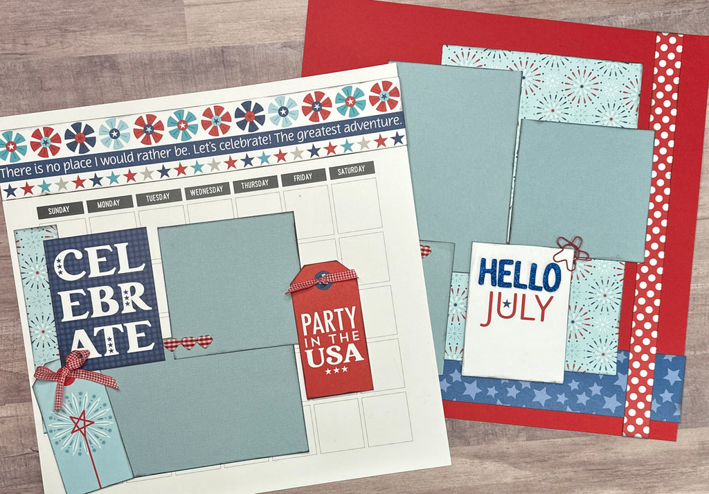 Hello July, Calendar  themed 2 Page Scrapbooking Layout Kit, Scrapbooking Pages calendar diy craft kit
