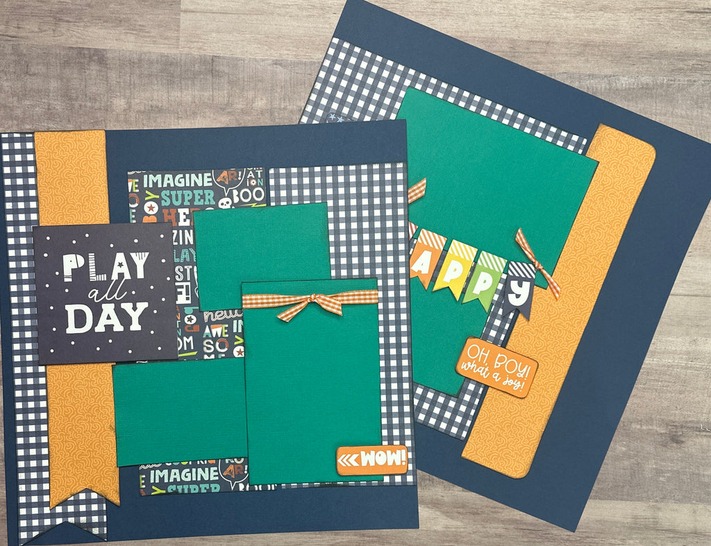 Play All Day, Little Boy/Little Girl Themed 2 Page Scrapbooking layout Kit,DIY Craft Kit