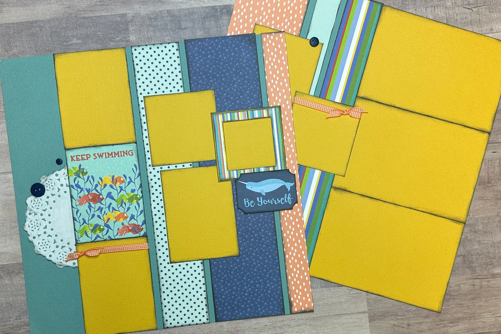 PRE-ASSEMBLED VERSION - Keep Swimming - You Light Up My World, Aquarium themed 2 page scrapbooking layout, aquarium craft