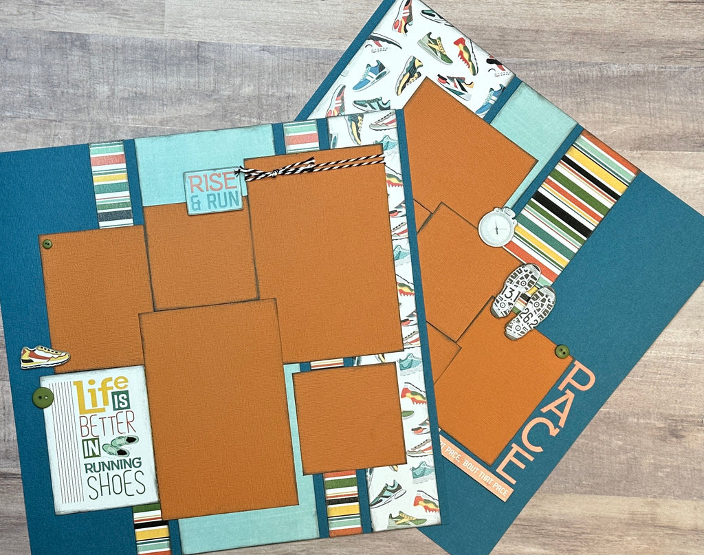 PRE-ASSEMBLED VERSION - Life Is Better In Running Shoes,  Track themed 2 page scrapbooking layout, Running craft