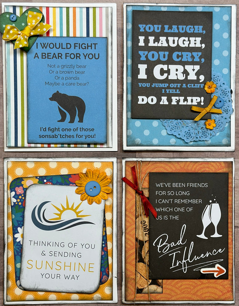 I'd Fight A Bear For You..., Snarky Themed Card Making Set, 4 pack DIY, Card Craft DIY