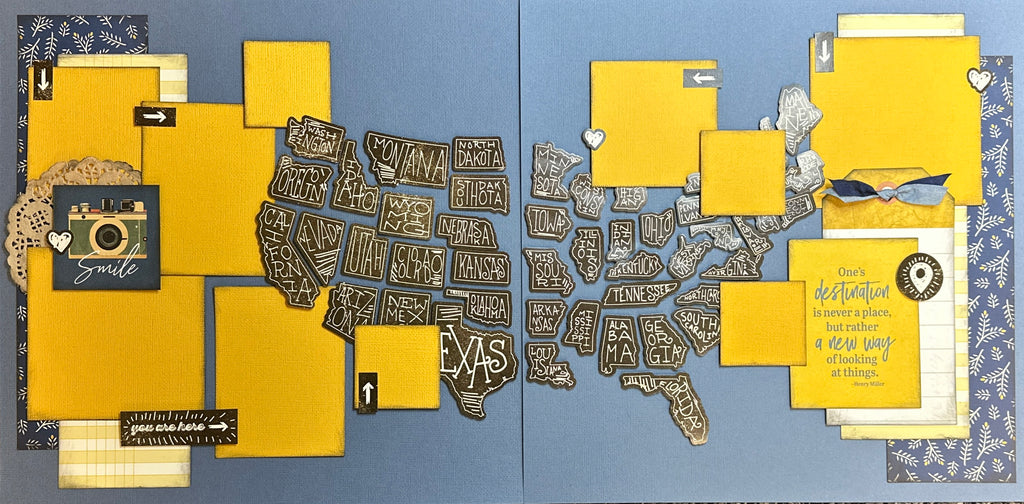 You Are Here - Smile, Travel themed 2 page DIY scrapbooking layout Kit, travel themed craft kit