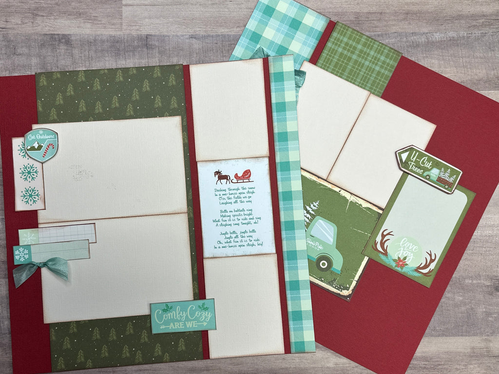 Dashing Through The Snow - U Cut Trees, Winter/Christmas Themed  2 Page Scrapbooking Layout Kit, winter diy craft kit, Simple Stories Snow Pine Lodge