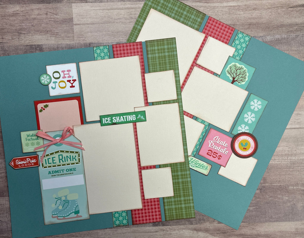 Oh Joy - Ice Skating, Winter Themed  2 Page Scrapbooking Layout Kit, winter diy craft kit, Simple Stories Snow Pine Lodge
