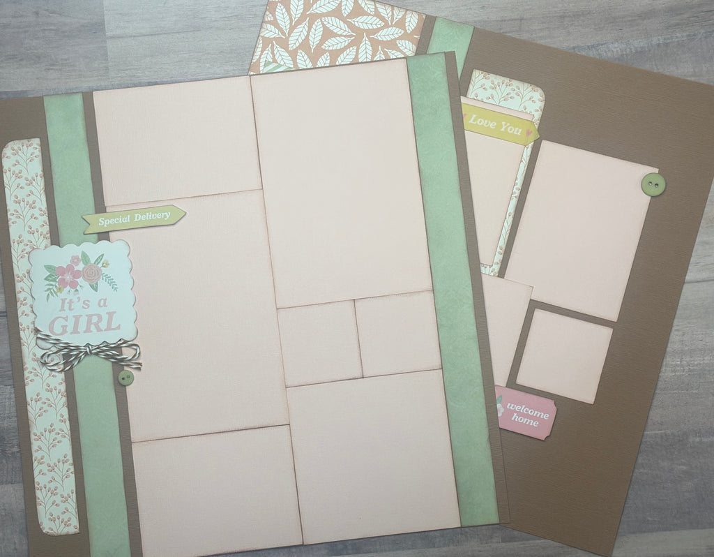 It's A Girl - Welcome Home, Baby Girl Themed 2 page Scrapbooking Layout Kit, baby craft kit, baby diy craft, baby girl