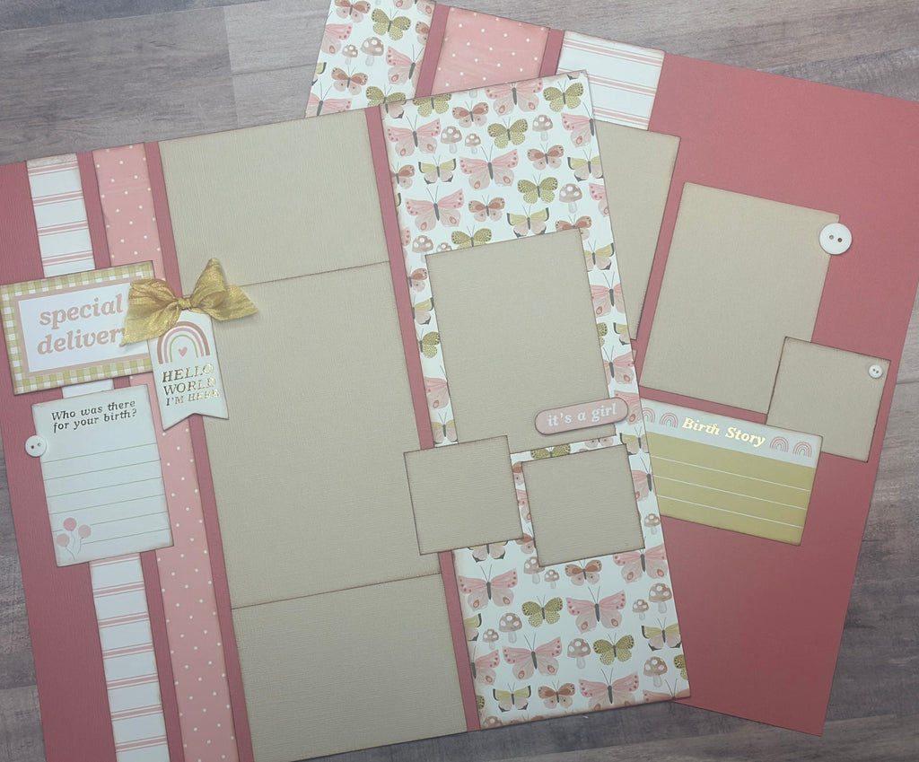 Special Delivery - Hello World, Baby Girl Themed 2 page Scrapbooking Layout Kit, baby craft kit, baby diy craft, baby girl