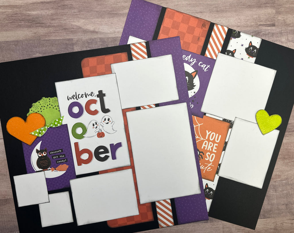 Welcome October - Scaredy Cat Social Club, Halloween Themed 2 Page Scrapbooking Layout Kit, Halloween diy craft kit