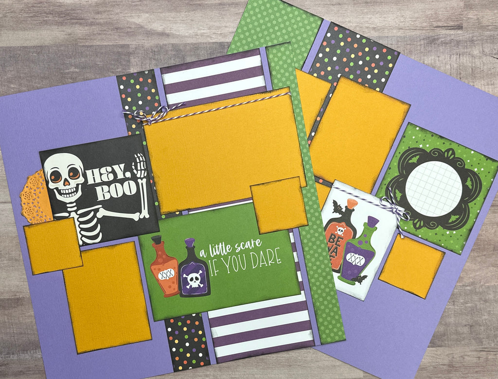 Hey Boo - A lIttle Scare If You Dare, Halloween Themed 2 Page Scrapbooking Layout Kit, Halloween diy craft kit