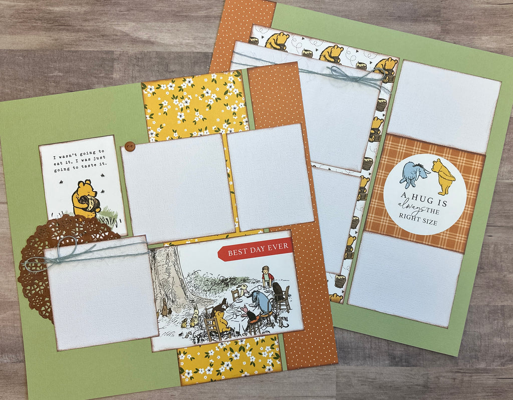 A Hug Is Always The Right Size,  Winnie the Pooh Themed 2 page Scrapbooking Layout Kit, baby craft kit, baby diy craft