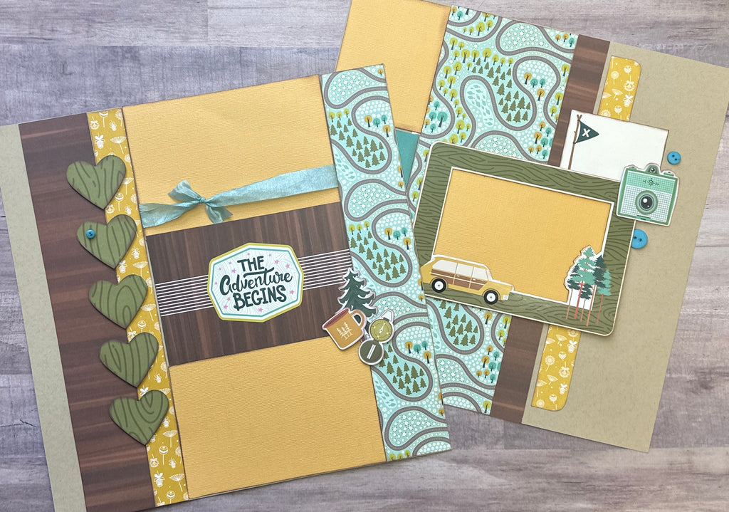 The Adventure Begins - Camping, Outdoor/camping/hiking Themed 2 Page DIY Scrapbooking Layout Kit, Simple Stories Trail Mix