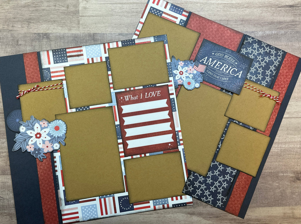 What I Love - God Bless American, Americana themed 2 Page Scrapbooking Layout Kit, Fourth of July diy craft kit, scrapbooking diy kit, Flags And Frills American crafts