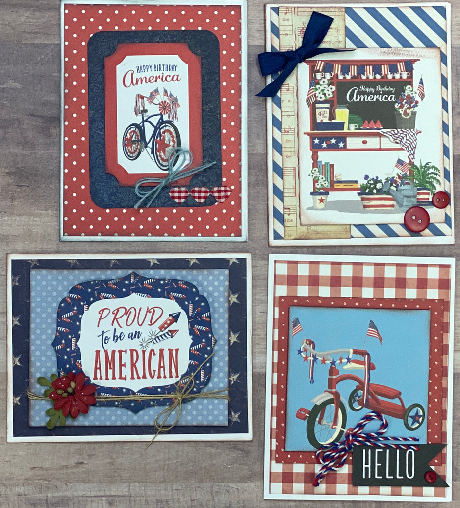 Happy Birthday America,  Americana Themed 4 pack A2 DIY Card Kit,  4th Of July Card Craft DIY