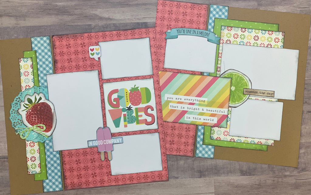 Good Vibes, You're One In A Melon, 2 Page Summer Scrapbooking Layout Kit DIY or Premade Scrapbooking Pages DIY Summer scrapbook