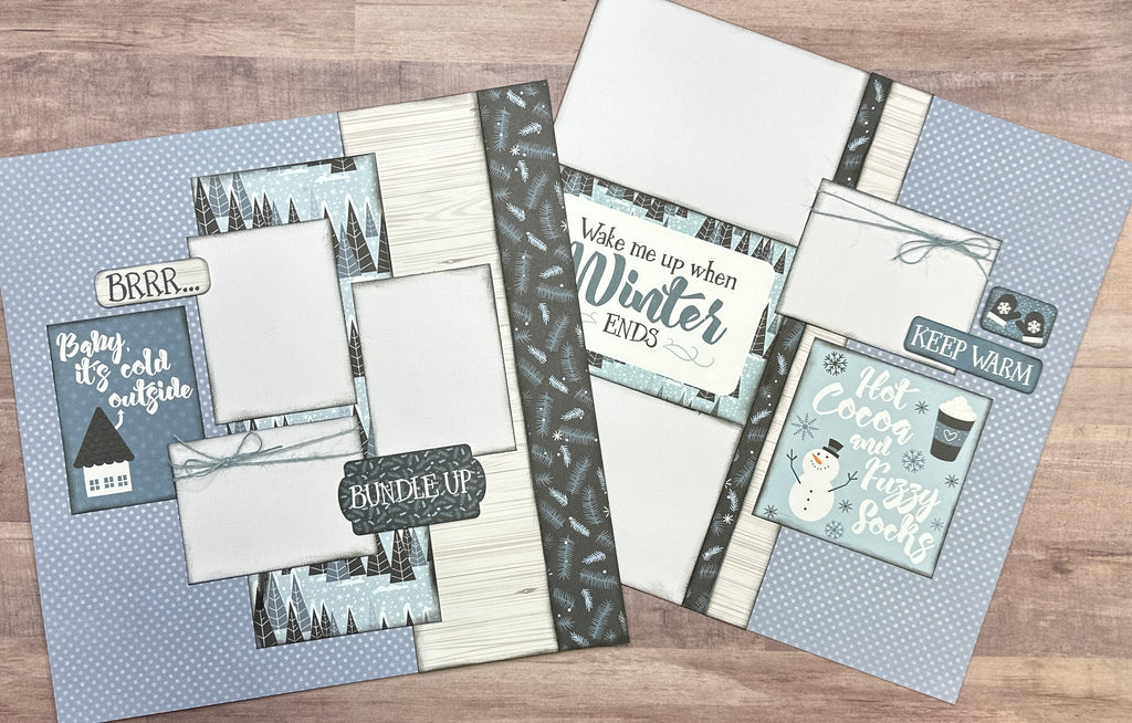 Wake Me Up When Winter Ends,  Winter and Snow themed 2 Page Scrapbooking Layout Kit, Scrapbooking Pages winter, diy craft kit snowman craft