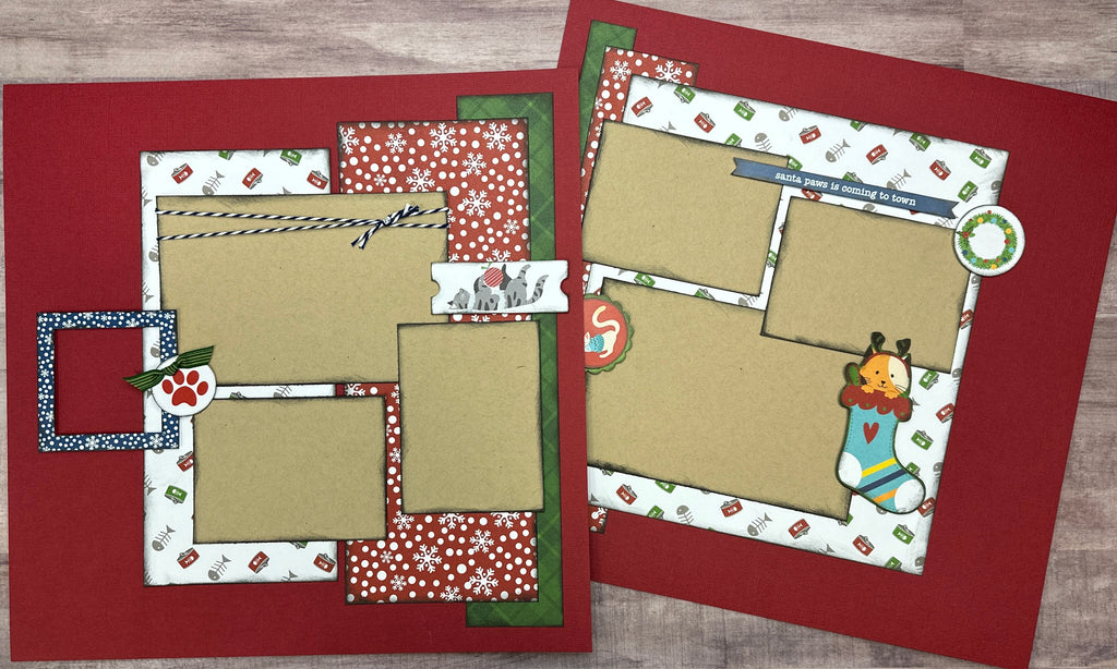 Santa Paws Is Coming To Town - Cat, Cat Christmas themed 2 Page DIY Scrapbooking Kit, Cat Christmas diy craft kit