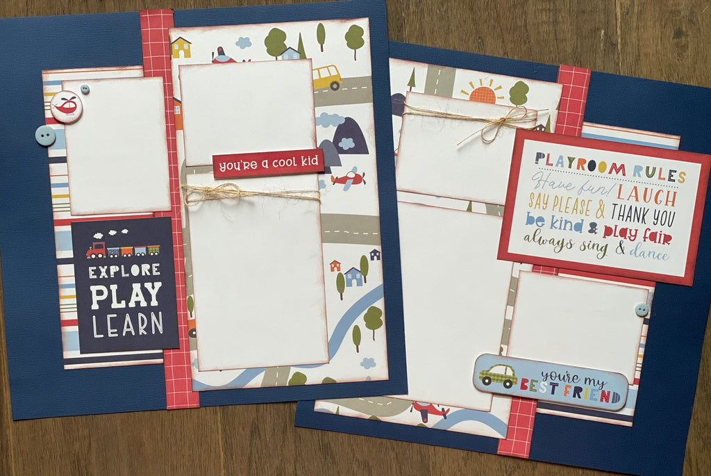 Explore, Play, Learn, Little Boy Scrapbooking Kit,  2 page DIY Scrapbooking Layout Kit or Pre Made Scrapbooking Pages