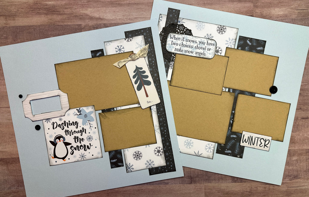 Dashing Through The Snow, Winter and Snow themed 2 Page Scrapbooking Layout Kit, Scrapbooking Pages winter diy craft kit snowman craft