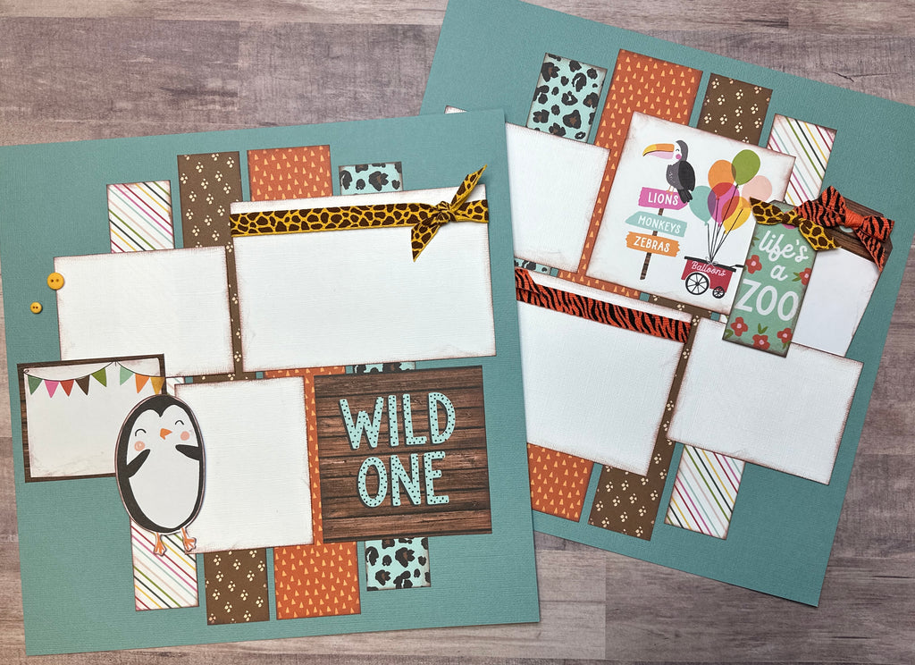 Wild One - Life's A Zoo, Zoo Themed 2 Page Scrapbooking Layout Kit, Zoo scrapbook diy craft kit Zoo craft kit